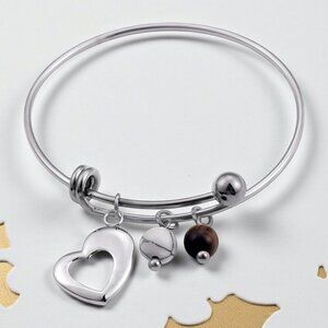 Boho Minimalist Bangle with Heart Tiger's Eye Magnesite Charms 18K Gold Plated